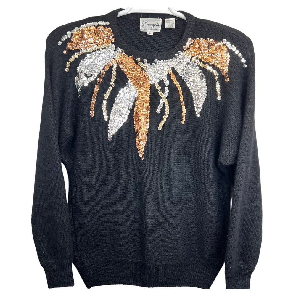 Vintage Donagain Sequin Sweater Silk Angora Blend Pullover Retro Black Womens M